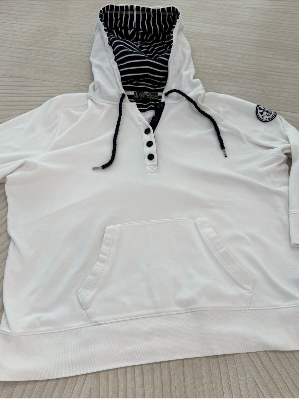 Lauren Ralph Lauren White Hooded Sweatshirt with Navy Stripe Lining 3/4 sleeves